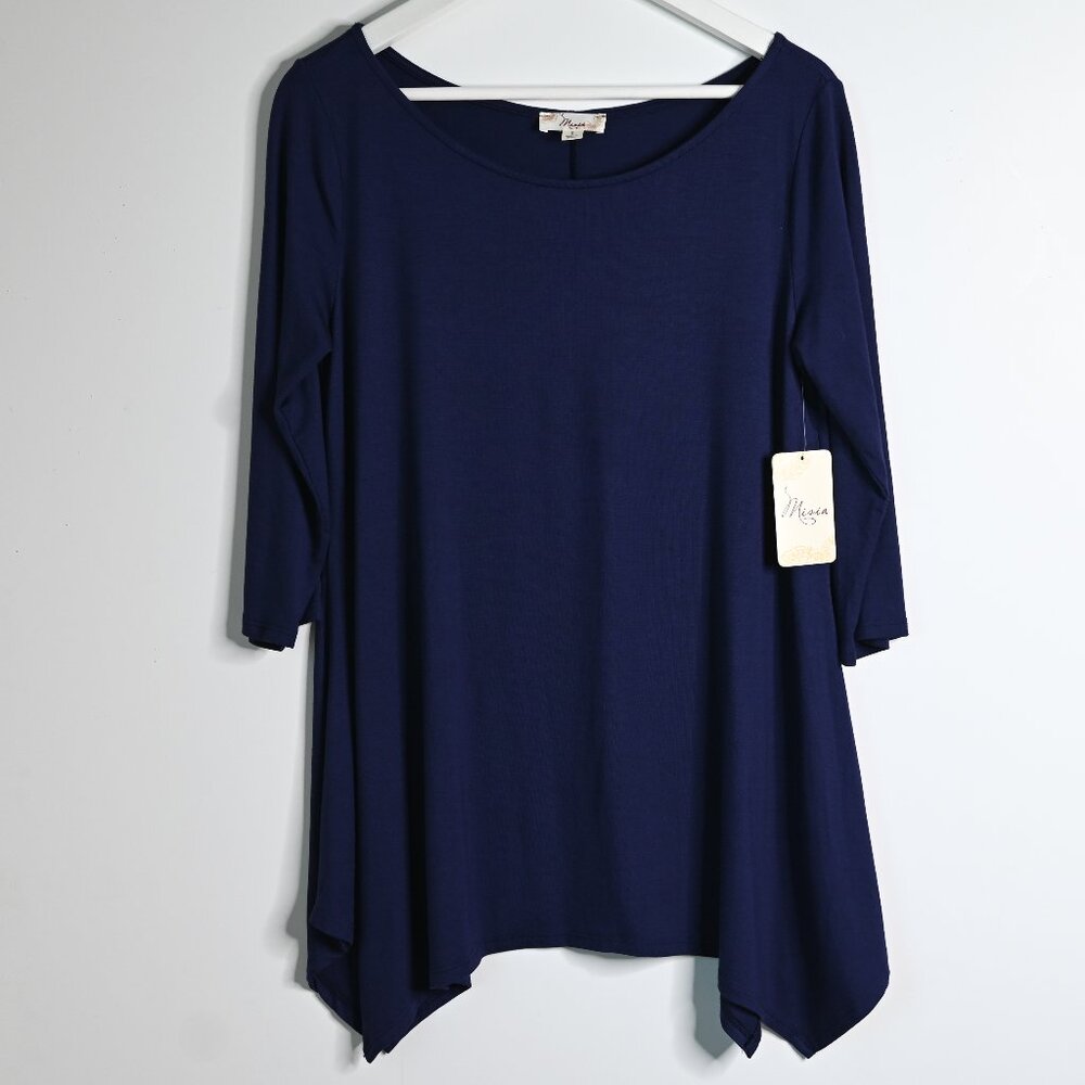 MISIA Navy Blue 3/4 Sleeves Handkerchief Hem Rounded Neck Top - Size Small - NWT